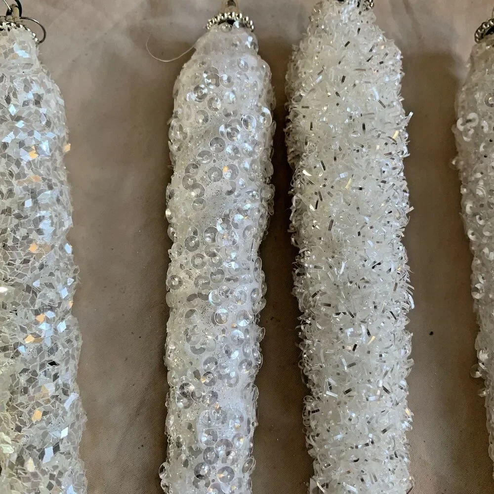 Vintage Icicle Christmas Ornaments 9” Silver Glitter Plastic, Lot Of 5